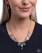 Load image into Gallery viewer, Charming Century - Green Gem Butterfly Silver Heart Key Charm Short Necklace - Paparazzi
