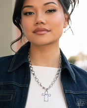 Load image into Gallery viewer, Faithful Flair - White Rhinestone Silver FAITH Cross Short Necklace - Paparazzi
