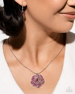 Blossoming Belle - Pink Rhinestone Rose Silver Flower Short Necklace - Paparazzi - Life of the Party April 2025