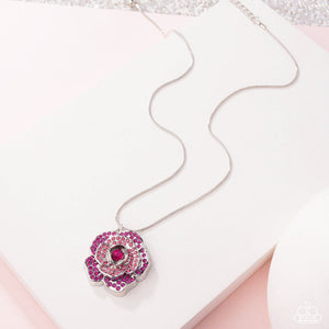Blossoming Belle - Pink Rhinestone Rose Silver Flower Short Necklace - Paparazzi - Life of the Party April 2025