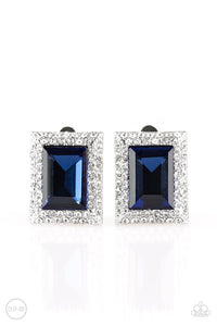 CROWNED COUTURE - PAPARAZZI - BLUE GEM WHITE RHINESTONE CLIP-ON EARRINGS