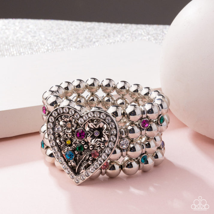 Personal History - Multi Color Rhinestone Silver Heart Stretchy Bracelet - Paparazzi - Life of the Party April 2025