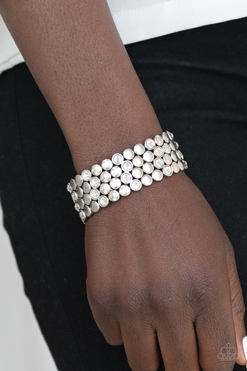 Scattered Starlight - Paparazzi - White Rhinestone Silver Stud Stretchy Bracelet
