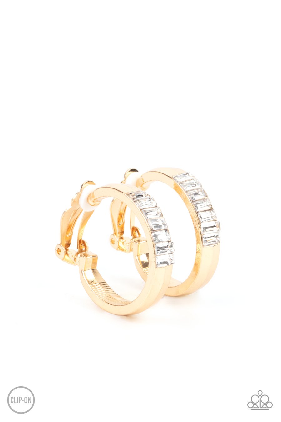 READY, STEADY, GLOW - GOLD WHITE RHINESTONE CLIP-ON HOOP EARRINGS - Barbara Towles Masterson's Store