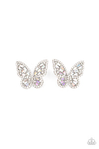 SMOOTH LIKE FLUTTER - MULTI IRIDESCENT RHINESTONE SILVER BUTTERFLY POST EARRINGS - PAPARAZZI