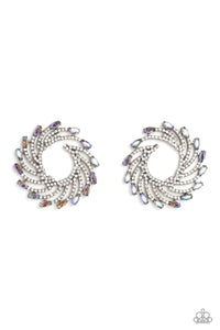 FIREWORK FANFARE - MULTI IRIDESCENT RHINESTONE SPIRAL SILVER POST EARRINGS - PAPARAZZI LIFE OF THE PARTY APRIL 2023