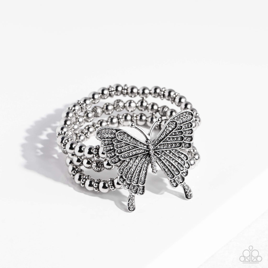 First WINGS First White Rhinestone Butterfly Bracelet - Paparazzi